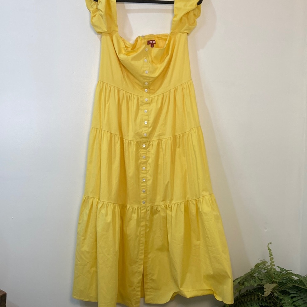 Gently worn STAUD  Yellow Button-Down Sundress. Zip up back, tiered maxi size 12